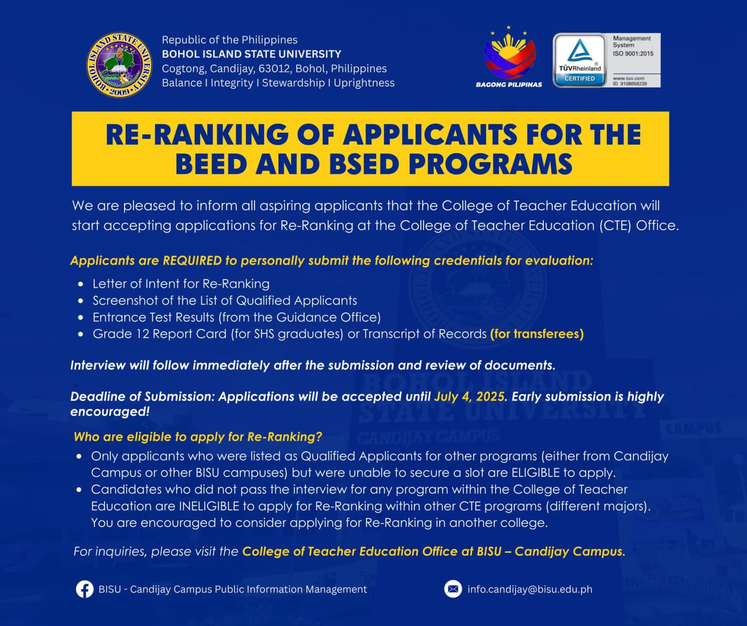 Re-Ranking of Applicants for the BEEd and BSEd Programs