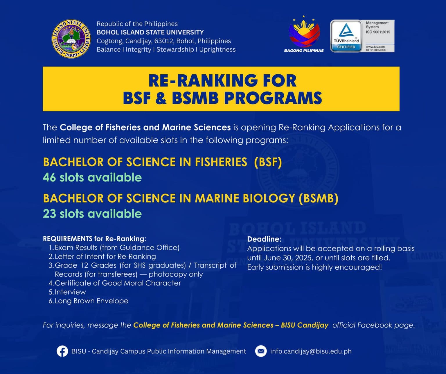 Re-Ranking of Applicants for the BSF and BSMB Programs